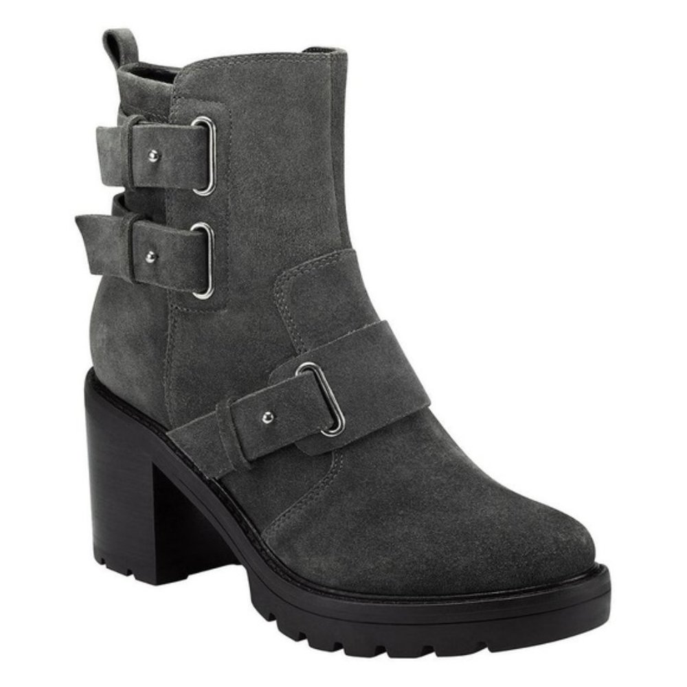 Marc Fisher MLDream Buckle Strap Lug Ankle Boots Gray Suede Block Heel Size 5.5